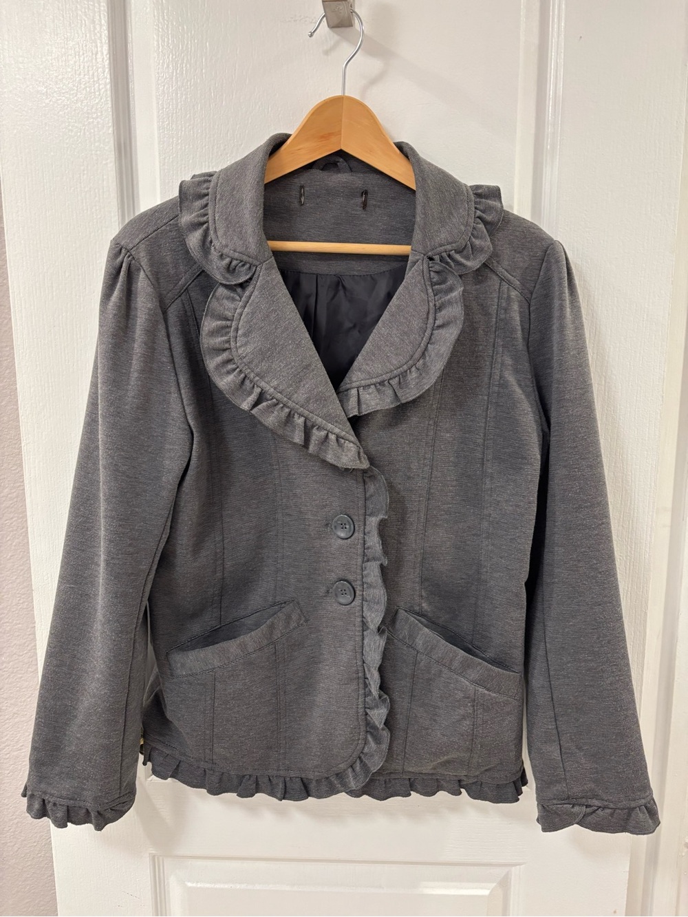 Gray Knit Stretch Ruffle Trim Blazer Jacket Lined Pockets